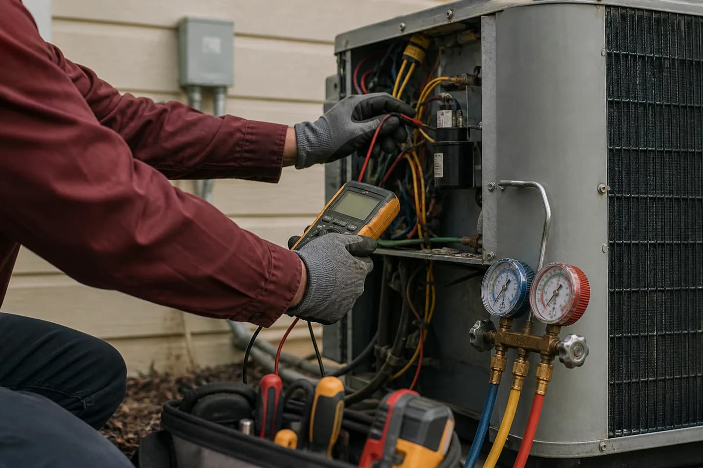 HVAC technician testing air conditioning electrical components