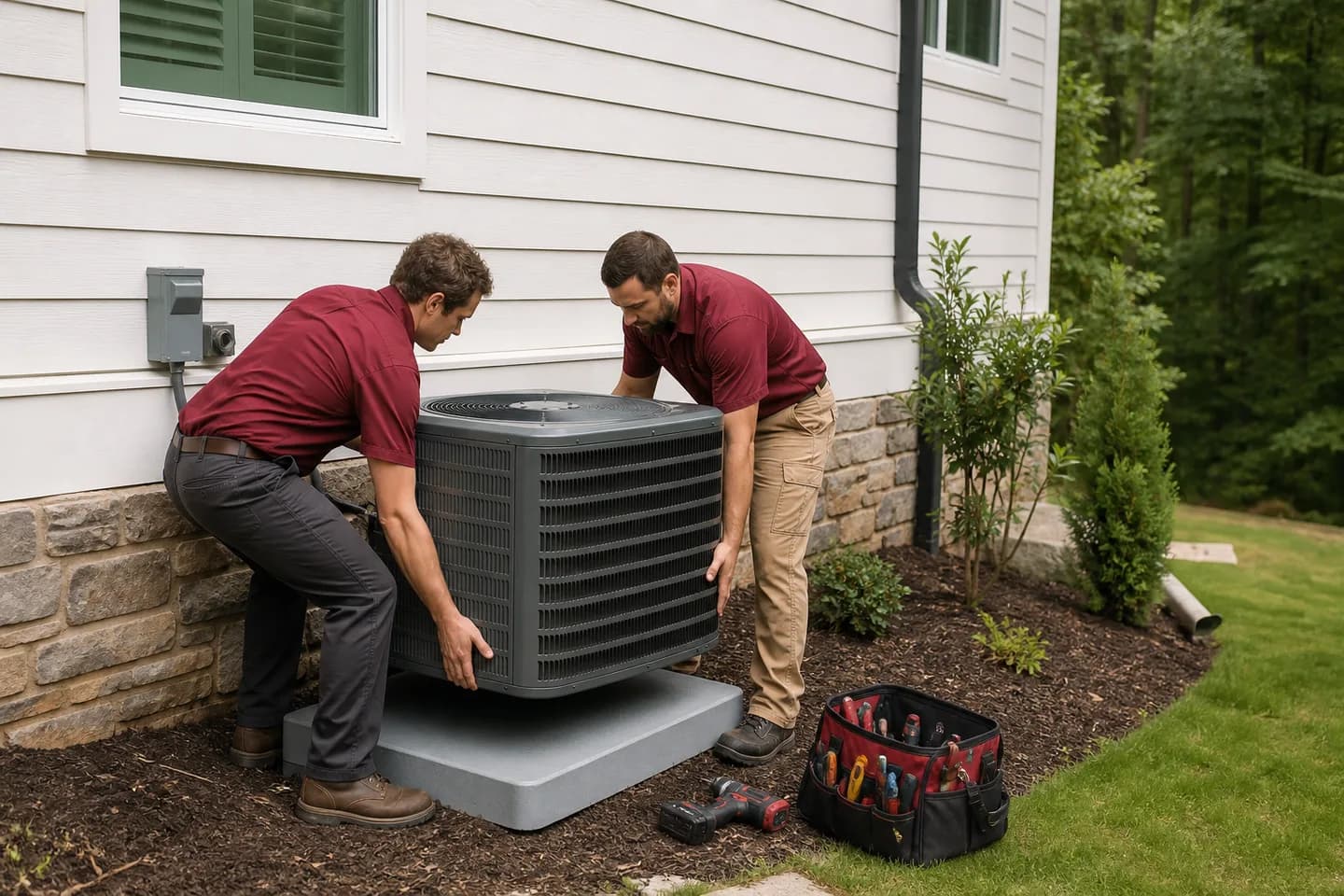 HVAC technicians positioning a new residential air conditioning condenser