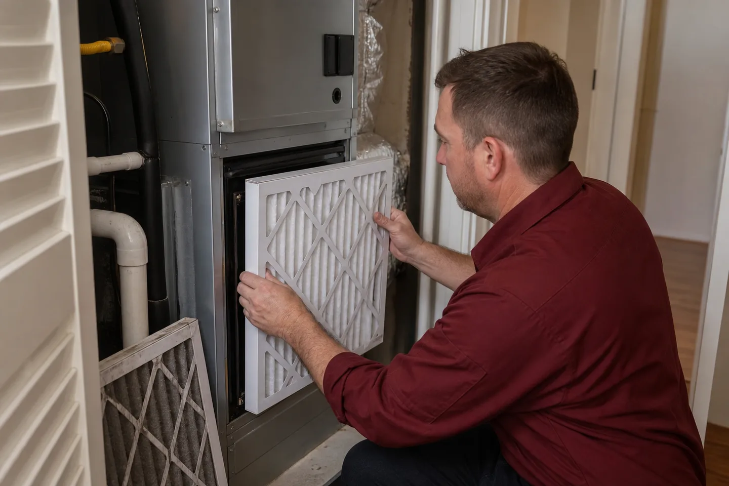 HVAC technician replacing a residential air conditioning filter