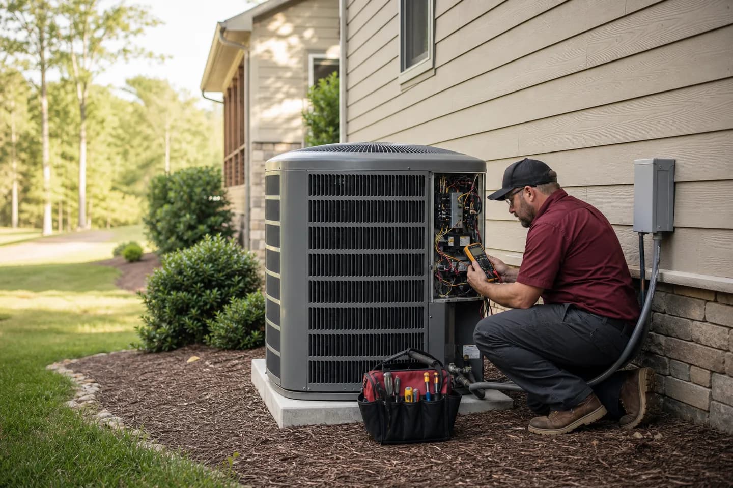 HVAC technician diagnosing a residential air conditioning condenser