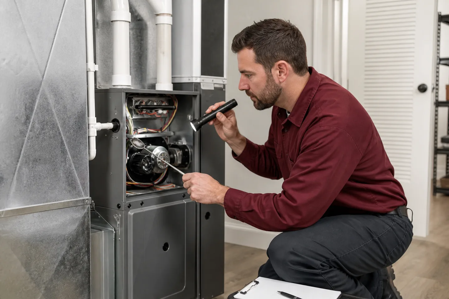 HVAC technician inspecting components inside a residential furnace