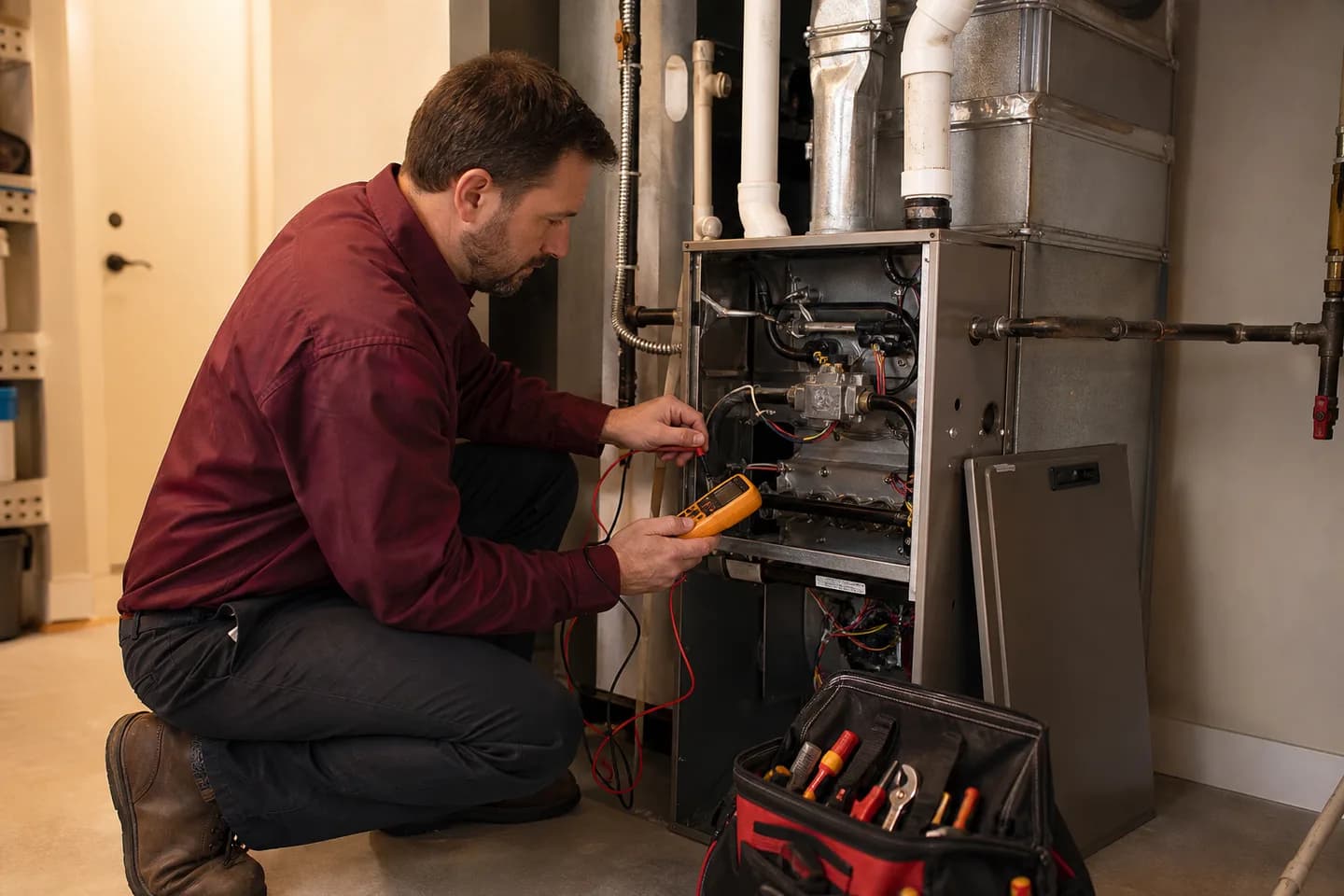 HVAC technician testing a residential furnace