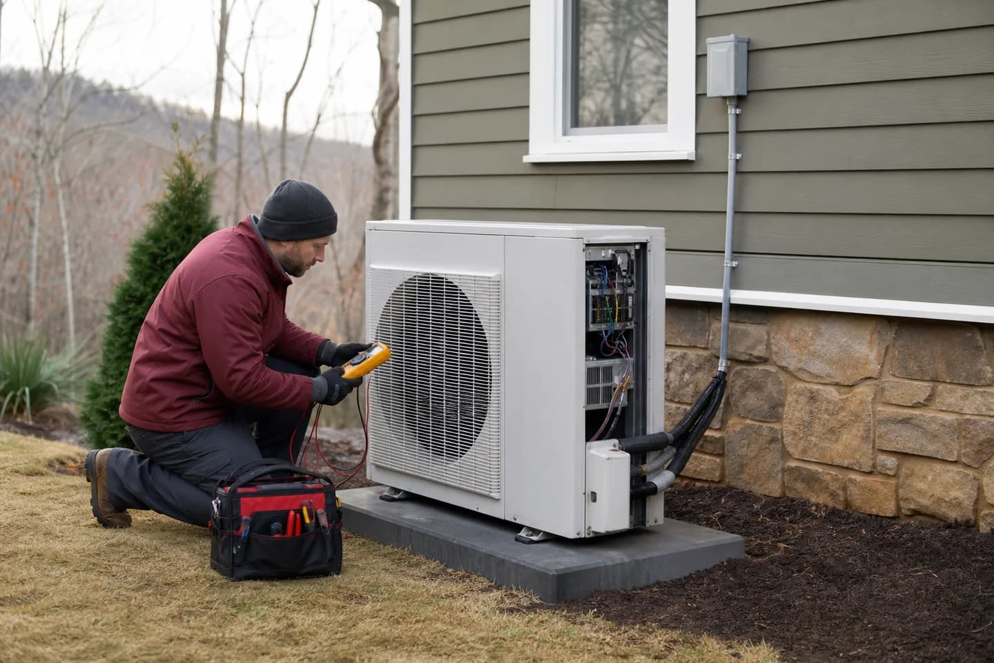 HVAC technician servicing a residential heat pump