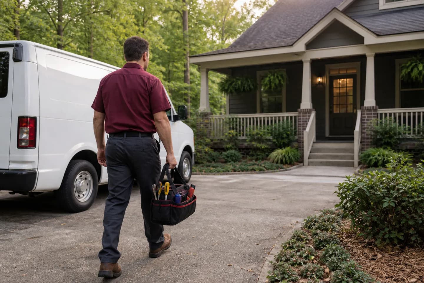 Residential HVAC technician arriving prepared for a service visit