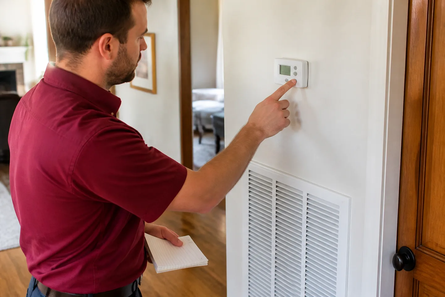 HVAC technician adjusting a conventional residential thermostat